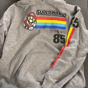 Nintendo Super Mario Gray Hoodie with Red, Yellow, and Blue Stripes